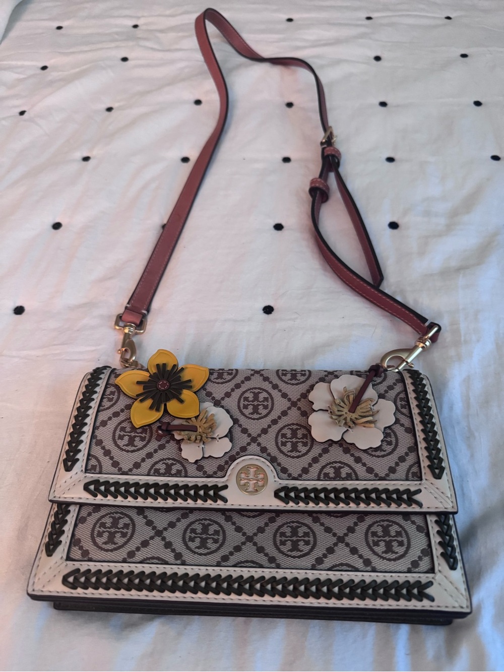 Tory Burch Beige and Burgundy Floral Appliqué Crossbody Bag